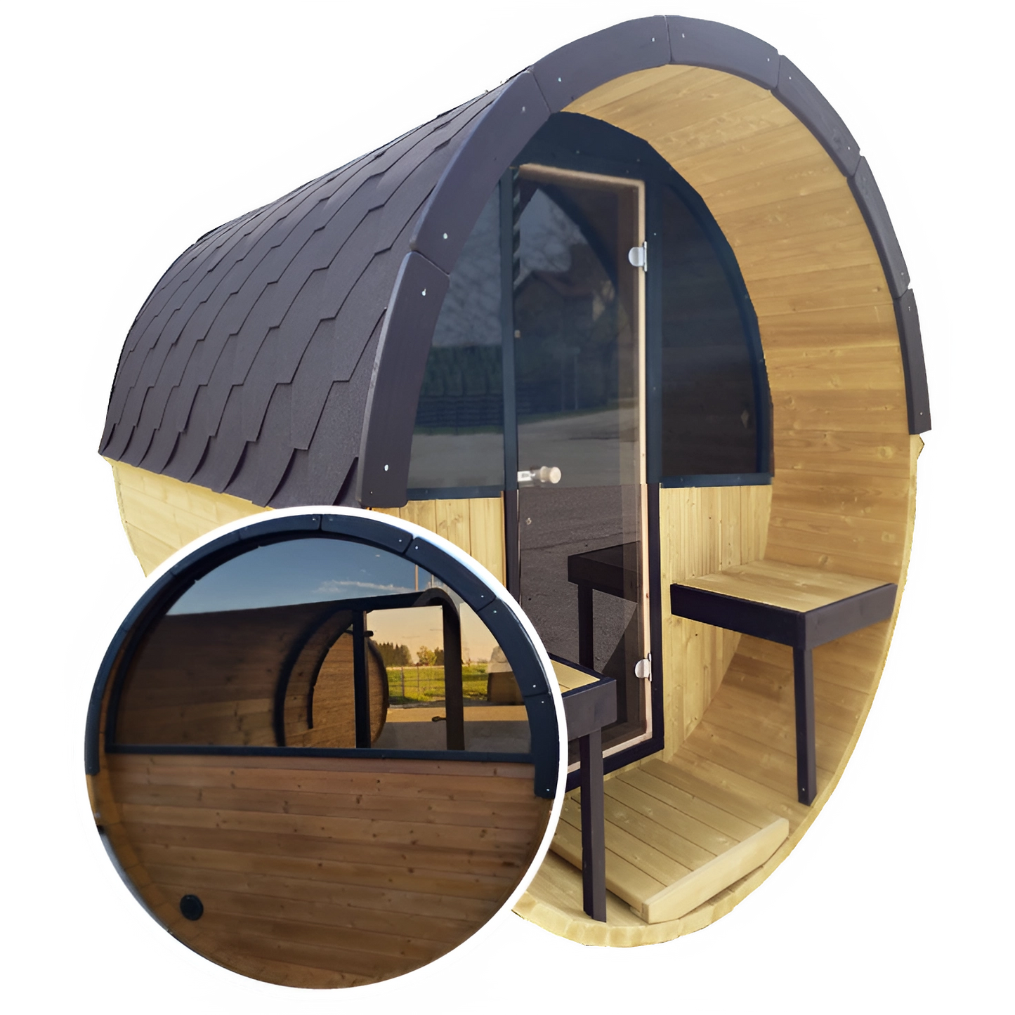 Barrel 2.5m Outdoor Sauna with Half Front & Half Rear Panoramic Glass