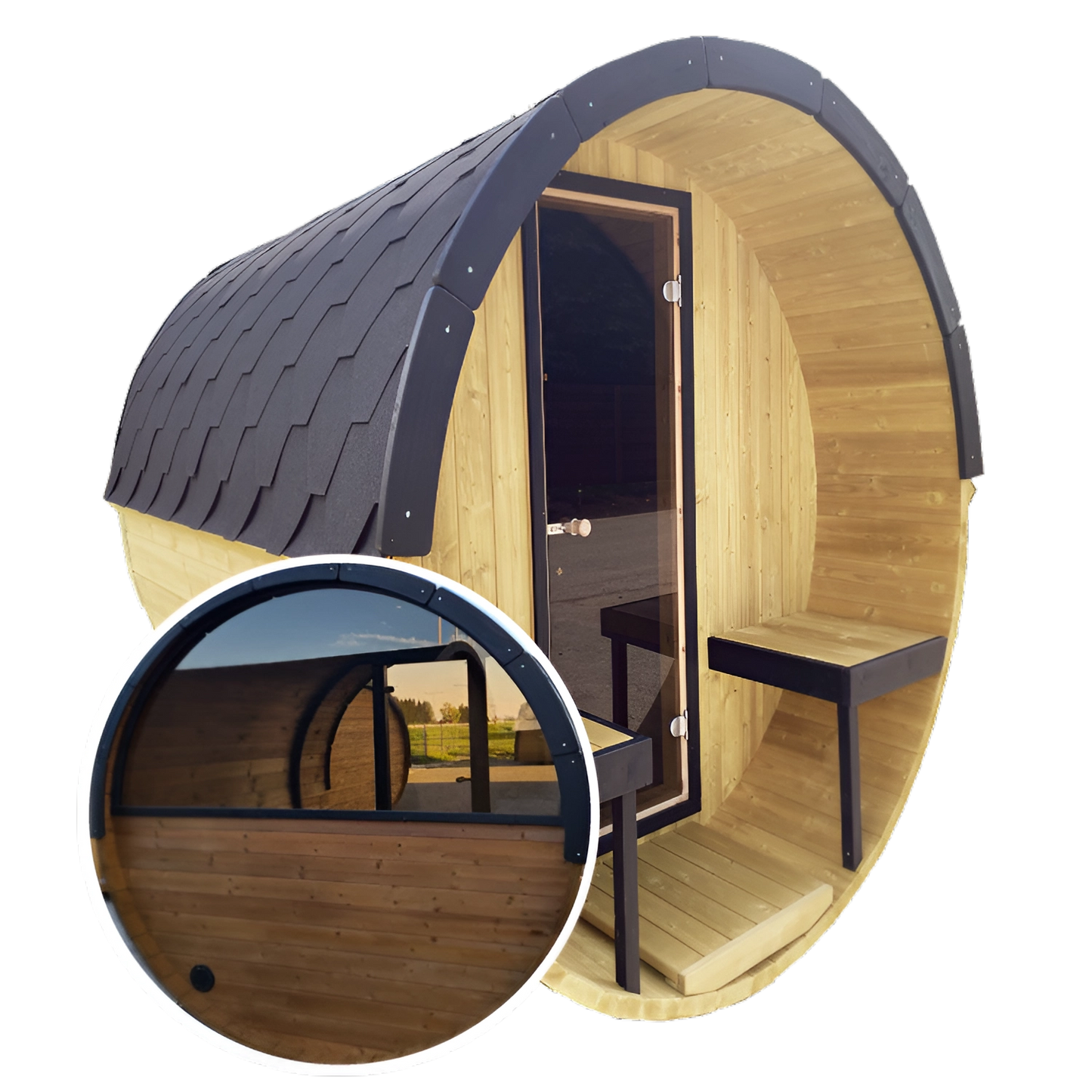 Barrel 2.5m Outdoor Sauna with Half Rear Panoramic Glass